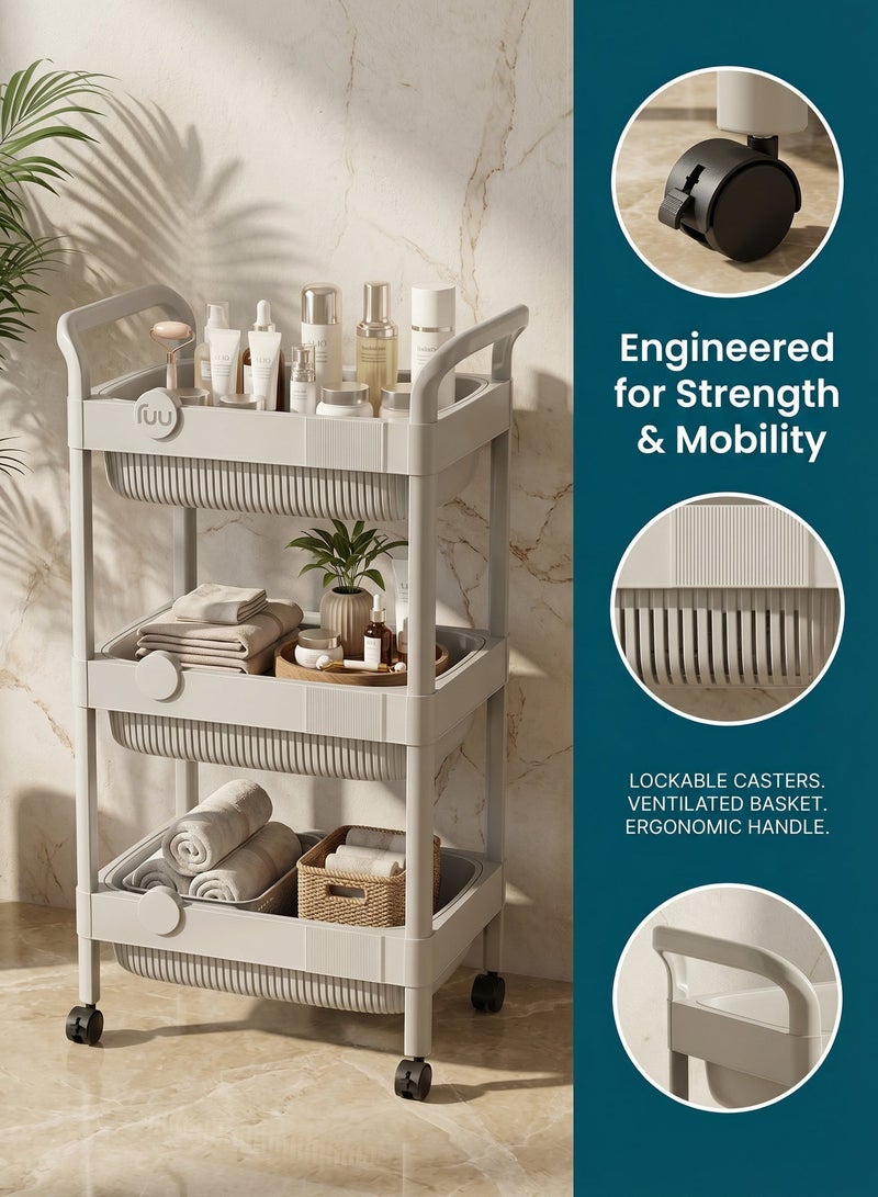 Kitchen Trolley, 3-Tier Plastic Rolling Utility Cart with Handle, Multi Functional Storage Trolley, Movable Storage Organizer with Wheels, For Office, Living Room, Kitchen, Bedside, Snack (Grey) - Image 3