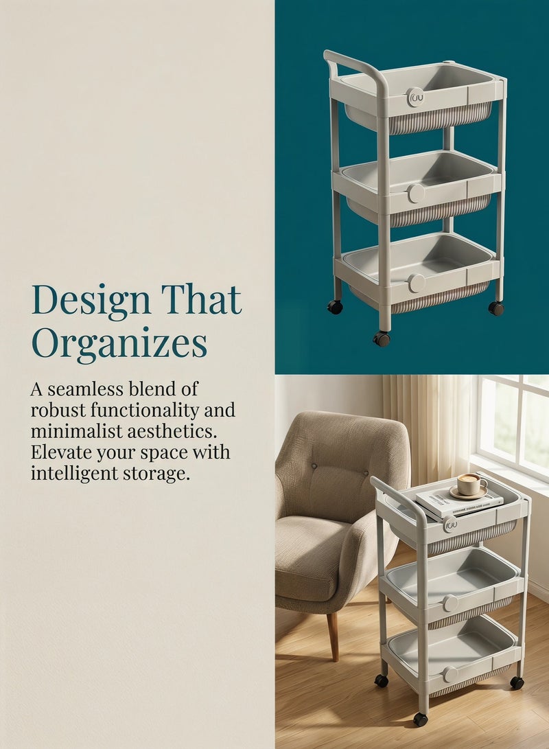 Kitchen Trolley, 3-Tier Plastic Rolling Utility Cart with Handle, Multi Functional Storage Trolley, Movable Storage Organizer with Wheels, For Office, Living Room, Kitchen, Bedside, Snack (Grey) - Image 4
