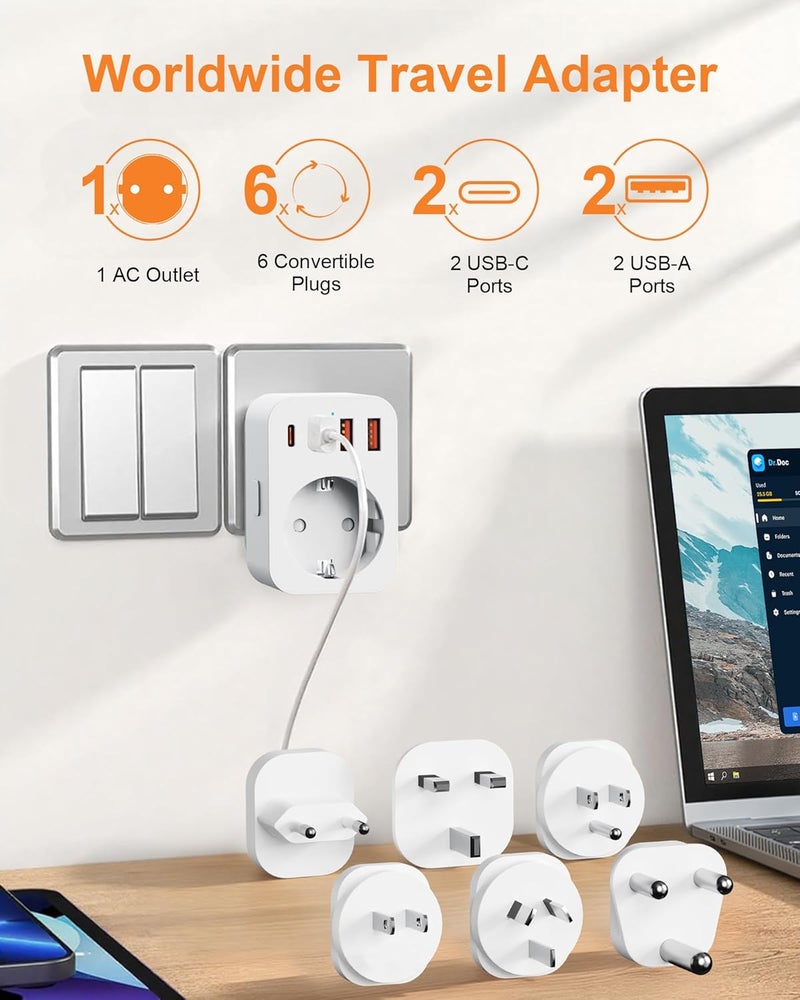 مجموعة محولات سفر عالمية، محولات توصيل للسفر الدولي مع منافذ USB C وUSB للشحن، 6 محولات سفر بأنواع المنافذ A/B/C/G/I/M، محولات توصيل للمملكة المتحدة/الولايات المتحدة/أوروبا/جنوب أفريقيا/اليابان/الصين/أستراليا. - Image 2