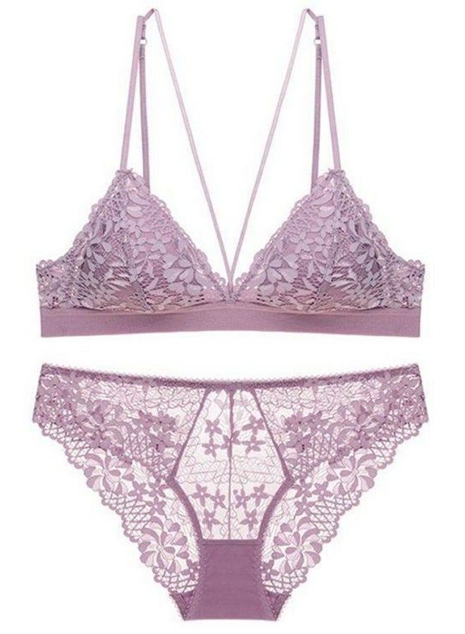 Loquat Solid Color Triangle Thin Cup Lace Bra Panty Set Purple