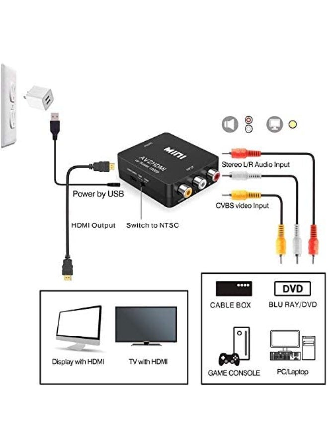 Chabeia RCA to HDMI Converter, 1080P RCA Composite CVBS AV to HDMI Video Audio Converter Adapter Compatible with N64 Wii PS2 Xbox VHS VCR Camera DVD, Support PAL/NTSC with USB Power Cable - Image 2