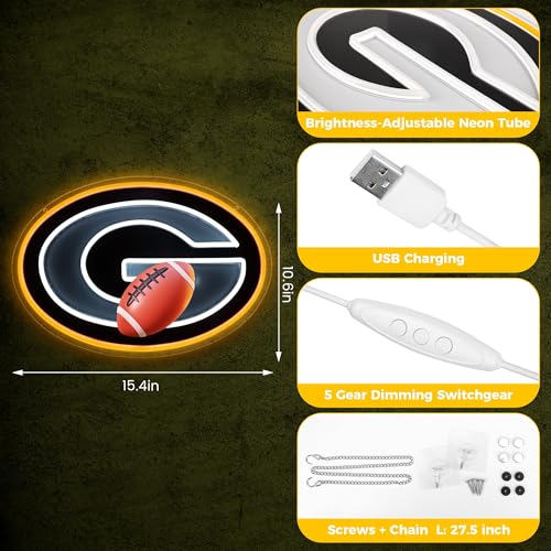 Leeitenlo Football Team Neon Sign, Cool Dimmable Light Up Football Team Green Neon Wall Decor Art USB Light Up Sign Gift Bedroom Man Cave Game Room Home Bar Party Shop Decoration for Kids Boys Birthday Christmas Gift (Paker) - Image 3