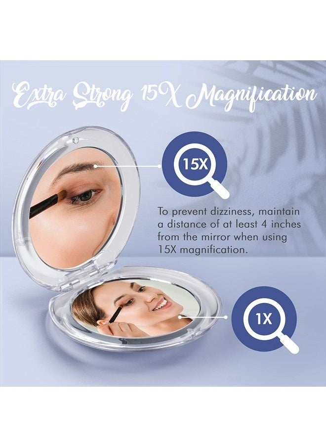Mirrorvana Small Compact 15X Magnifying Mirror for Travel - Handheld, Foldable & Very Lightweight - Mini Pocket-Sized Magnified Mirror for Purse - Round 3.3” Diameter  - Image 4