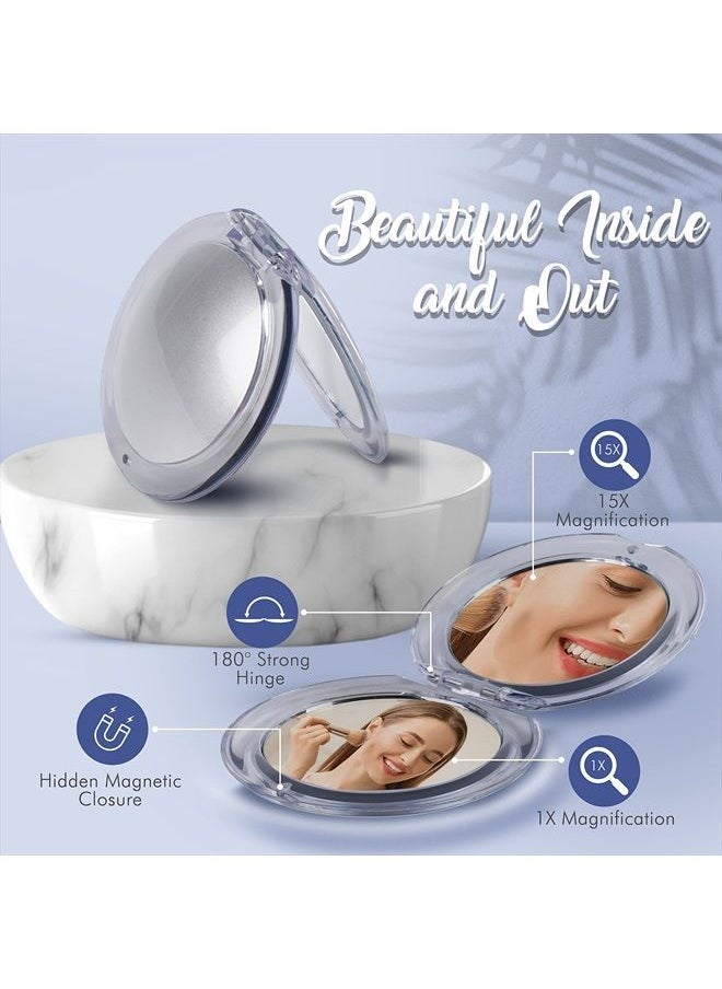 Mirrorvana Small Compact 15X Magnifying Mirror for Travel - Handheld, Foldable & Very Lightweight - Mini Pocket-Sized Magnified Mirror for Purse - Round 3.3” Diameter  - Image 2