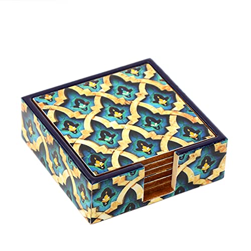 DULI Set of 6 MDF Wood Tea Coasters with Stand (10 * 10 cm) (Greek Pattern) - Image 1