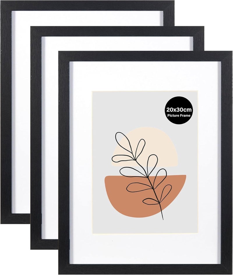 KAIWIN مجموعة من 3 إطارات صور مقاس 20 × 30 سم، إطار أسود مقاس 20 × 30 سم مع حشوة مقاس 15 × 20 سم، إطار صور خشبي بزجاج أكريليك للتعليق والوقوف، للصور والملصقات والأحجيات، إطارات ملصقات - Image 1