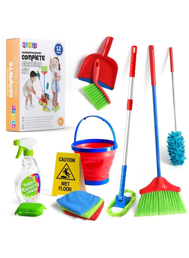 Play22 Kids Cleaning Set 12 Piece Toy Cleaning Set Includes Broom Mop Brush Dust Pan Duster Sponge Clothes Spray Bucket Caution Sign Toy Kitchen Toddler Cleaning Set Original - Image 1
