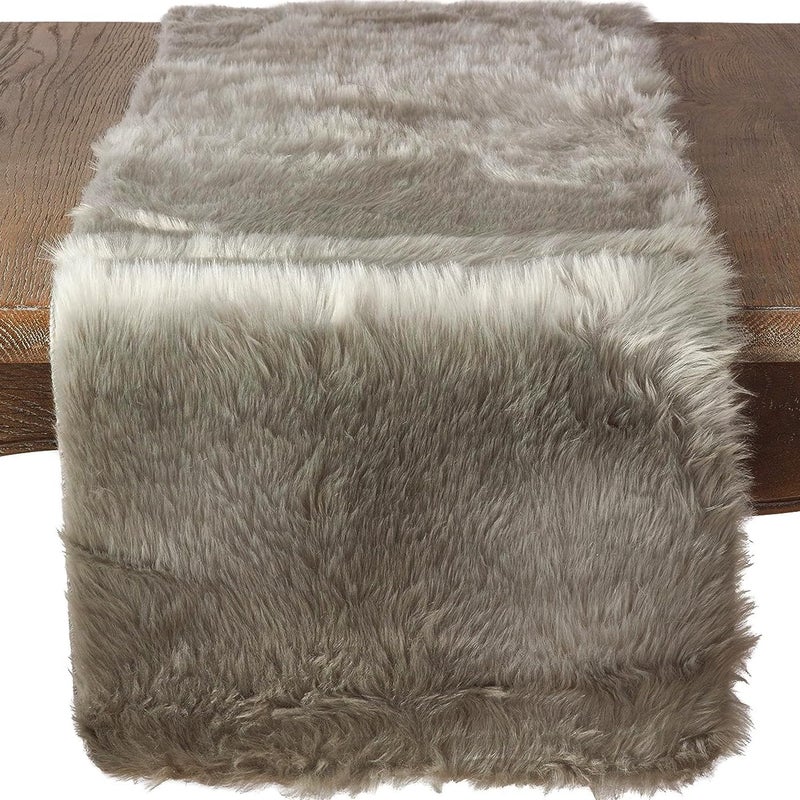 Saro Lifestyle Faux Fur Design Topper Table Runner, Grey, 15"x72" - Image 1