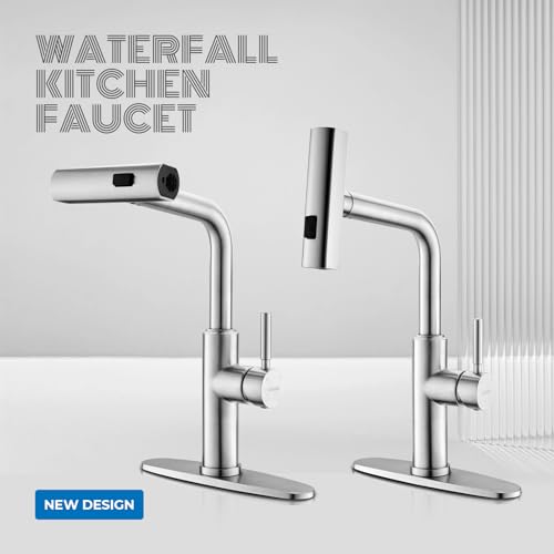 WEWE Waterfall Kitchen Faucet with Pull Down Sprayer, 3 Modes(Sweep/Stream/Waterfall) Rotary Switch Mode Stainless Steel Kitchen Sink Faucet Single Lever Handle Brushed Nickel Sink Fuacet - Image 2