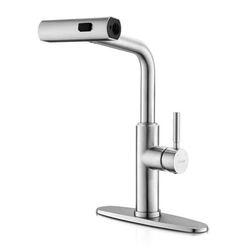 WEWE Waterfall Kitchen Faucet with Pull Down Sprayer, 3 Modes(Sweep/Stream/Waterfall) Rotary Switch Mode Stainless Steel Kitchen Sink Faucet Single Lever Handle Brushed Nickel Sink Fuacet - Image 1