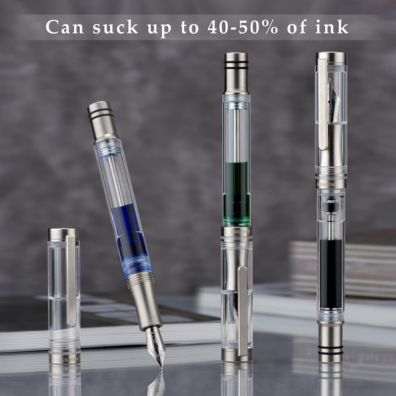 Asvine V200 Titanium Fountain Pen Vacuum Filling, Iridium Medium Nib Clear Transparent Acrylic Smooth Writing Pen Case Set - Image 2