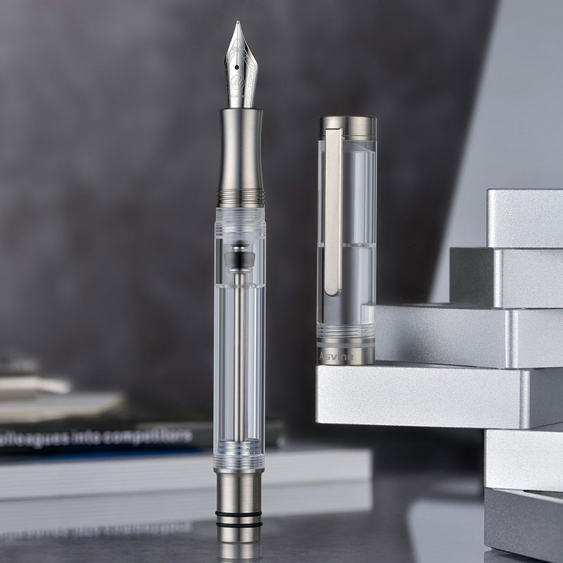 Asvine V200 Titanium Fountain Pen Vacuum Filling, Iridium Medium Nib Clear Transparent Acrylic Smooth Writing Pen Case Set - Image 4
