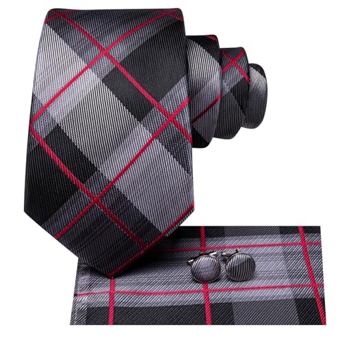 Hi-Tie Mens Plaid Ties Classic Paisley Necktie with Handkerchief Cufflinks Set Business Stripe Tie,Black Red - Image 2