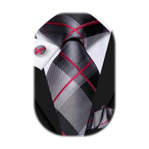 Hi-Tie Mens Plaid Ties Classic Paisley Necktie with Handkerchief Cufflinks Set Business Stripe Tie,Black Red - Image 1