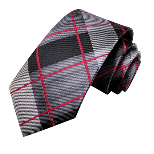 Hi-Tie Mens Plaid Ties Classic Paisley Necktie with Handkerchief Cufflinks Set Business Stripe Tie,Black Red - Image 4