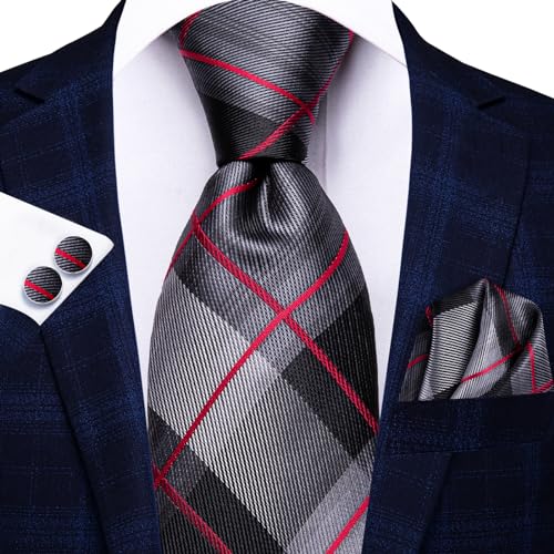 Hi-Tie Mens Plaid Ties Classic Paisley Necktie with Handkerchief Cufflinks Set Business Stripe Tie,Black Red - Image 3