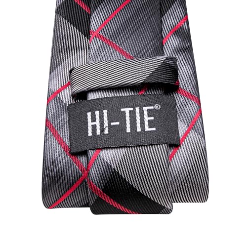 Hi-Tie Mens Plaid Ties Classic Paisley Necktie with Handkerchief Cufflinks Set Business Stripe Tie,Black Red - Image 5