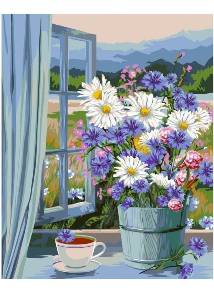 مجموعة طلاء بالأرقام للبالغين والمبتدئين، زهور اصنعها بنفسك، طلاء بالأرقام على قماش، طلاء أكريليك، رسم أعمال فنية باستخدام فرشاة الطلاء، لوحة زيتية لديكور المنزل (40 × 50 سم) - Image 1