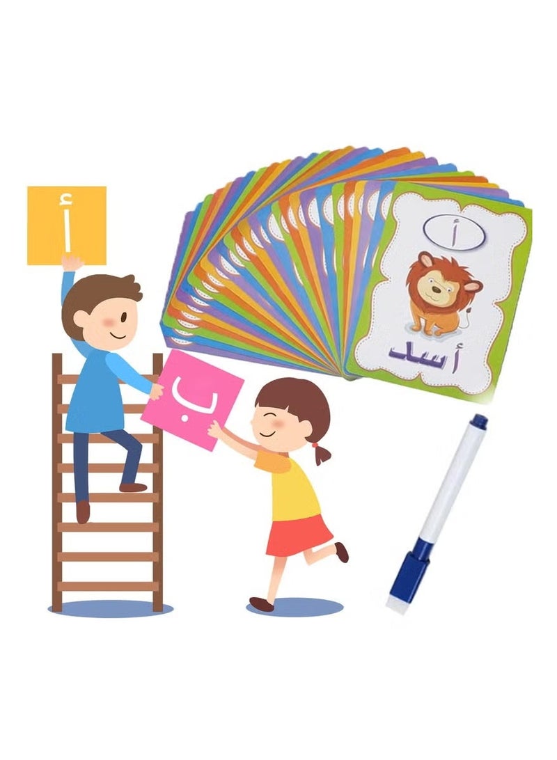 28 PCS Arabic Alphabet Flashcards, Double Sided Arabic Alphabets Flash Card, Colorful Early Word Education Toys Learning Resource Interactive Set with Marker Pen for Practicing, Writing - Image 1