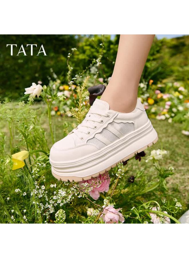 Tata Women's Thick-soled Casual Sneakers Breathable White Sports Shoes Dwbx3bm4 Beige Size 39 - Image 1