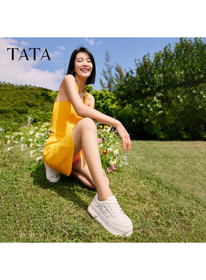Tata Women's Thick-soled Casual Sneakers Breathable White Sports Shoes Dwbx3bm4 Beige Size 39 - Image 3