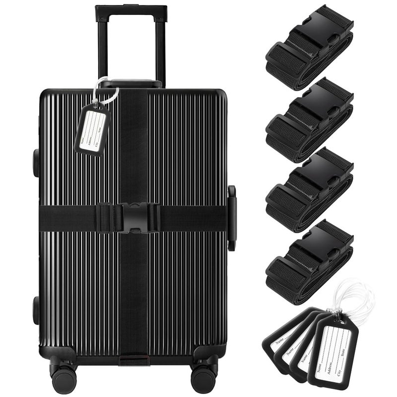 Gostwo 8 Pack Luggage Straps and Tags Set (4 Straps, 4 Tags), Luggage Straps for Suitcases TSA Approved Suitcase Belt Luggage Tags, Black - Image 1