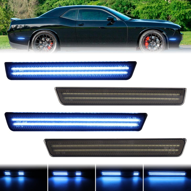 أضواء جانبية LED زرقاء ديناميكية متسلسلة FetonAuto لسيارة دودج تشالنجر 2015-2023، لمؤشر تشغيل أمامي وخلفي، عدسة مدخنة، 4 قطع