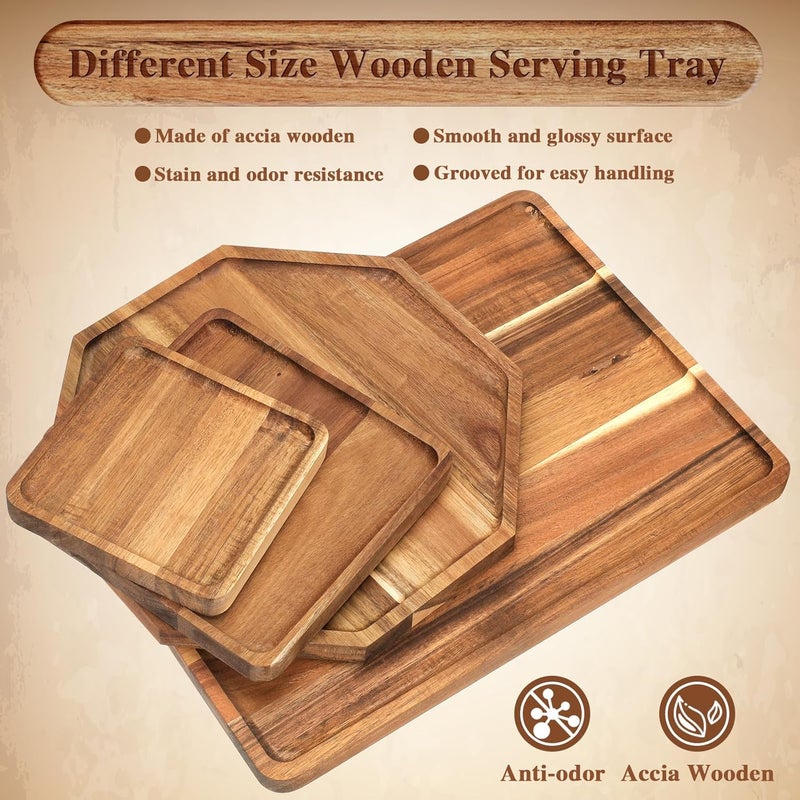 Baderke 4 Pcs Solid Acacia Wood Charcuterie Boards Wooden Serving Tray Set for Serving Food Large Dinner Platters for Dinner Party Cheese Food DecorativeSquare Octagon Rectangle 4 Sizes - Image 3