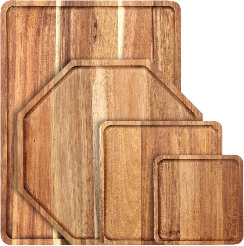 Baderke 4 Pcs Solid Acacia Wood Charcuterie Boards Wooden Serving Tray Set for Serving Food Large Dinner Platters for Dinner Party Cheese Food DecorativeSquare Octagon Rectangle 4 Sizes - Image 1