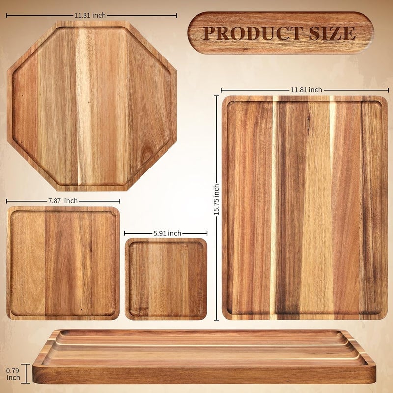 Baderke 4 Pcs Solid Acacia Wood Charcuterie Boards Wooden Serving Tray Set for Serving Food Large Dinner Platters for Dinner Party Cheese Food DecorativeSquare Octagon Rectangle 4 Sizes - Image 2