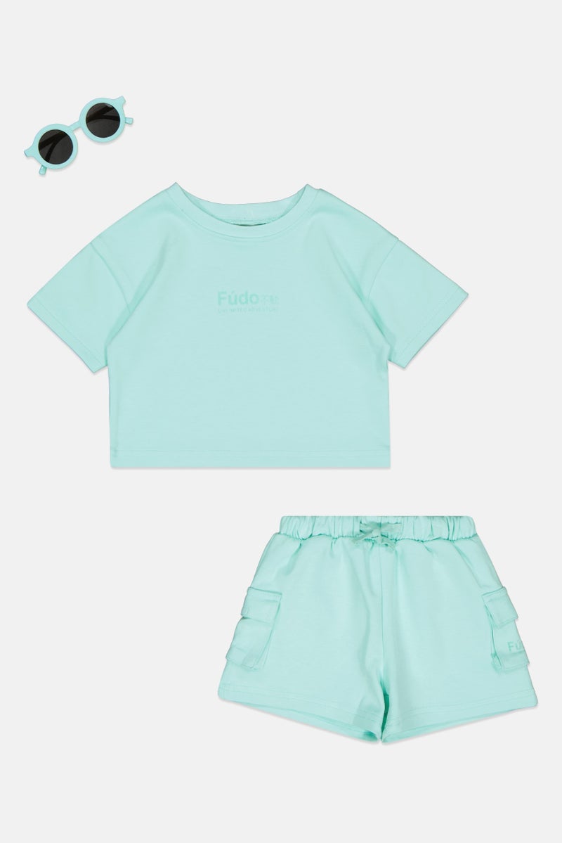 Fudo Toddlers Girl 3 Pieces Sunglass, T-Shirt And Shorts Set, Green - Image 1