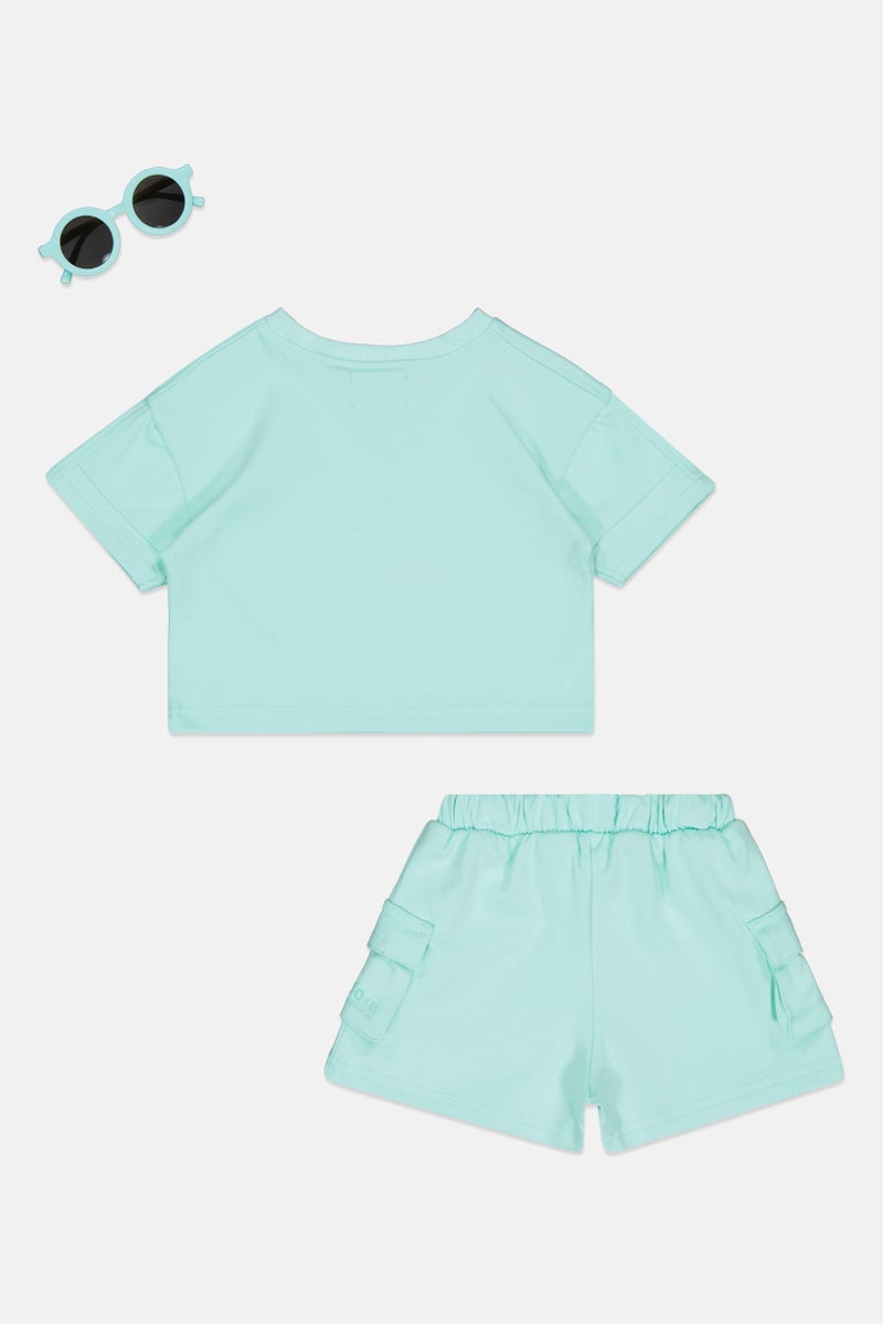 Fudo Toddlers Girl 3 Pieces Sunglass, T-Shirt And Shorts Set, Green - Image 2
