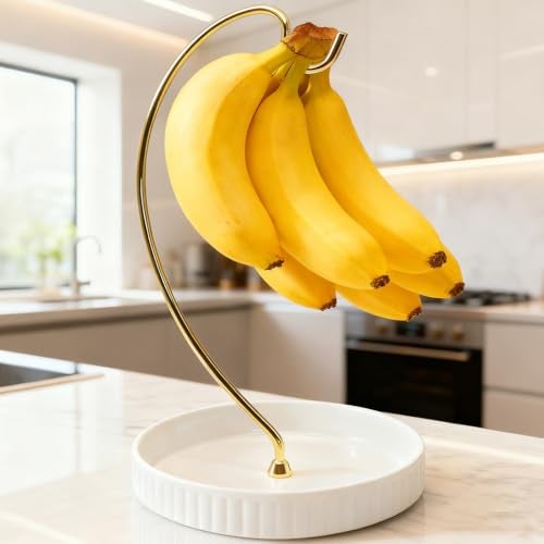 VROOMIUM Banana Holder Stand - Taller Design for Better Air Circulation, Ceramic Bowl Easy to Clean, Modern Elegant Gift Home Décor Fruit Basket-Gold - Image 1