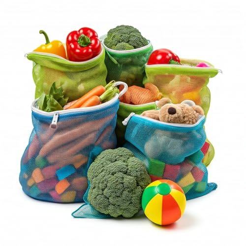 Tidy Fox Vegetable Storage Net Bags for Fridge – Set of 6 / Reusable, Washable, Durable Nylon Mesh Bags with Rustproof Zipper for Produce, Toys, Travel & Home Organization - Image 4