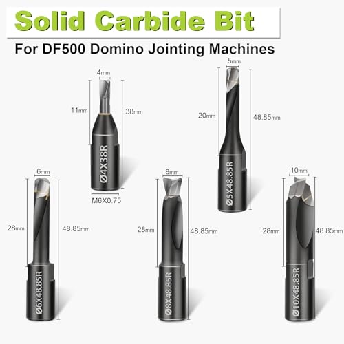 ZSUCC Domino Cutter Solid Carbide Bits for DF500 Jointer Machines, 5 Pcs Domino Bits (4mm, 5mm, 6mm, 8mm, 10mm), Precision with Extended Spiral Flute, Black Tungsten Carbide - Image 2