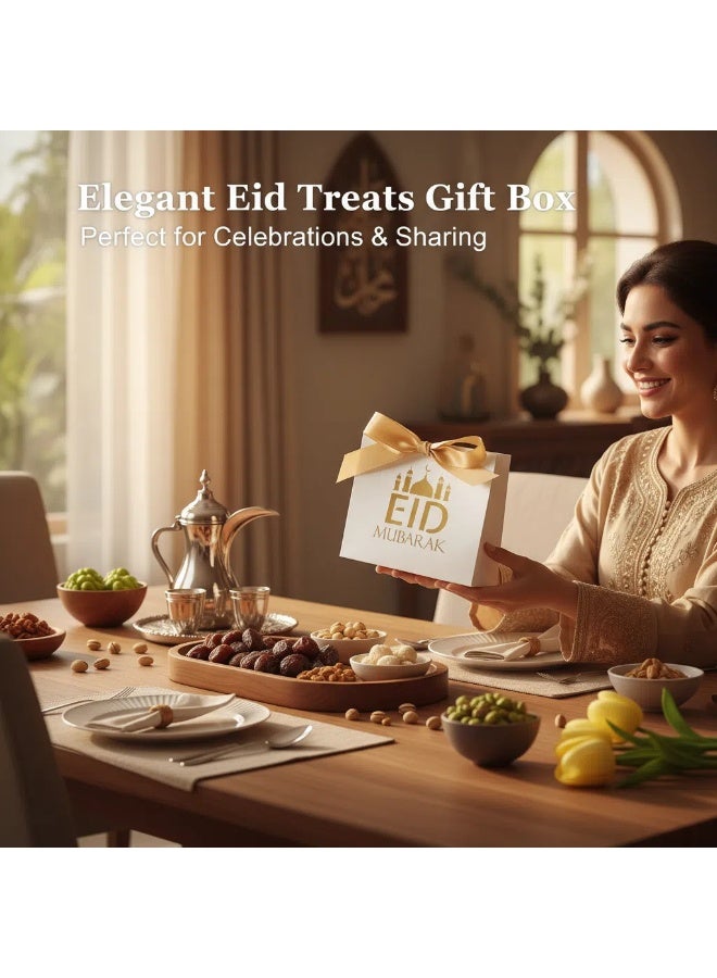 Bluejw 50 عبوة صندوق هدايا عيد، صندوق حلوى هلال العيد، صندوق هدايا رمضان مبارك، صندوق حلوى عيد DIY مع شريط، صندوق حلوى مهرجان زفاف إسلامي مسلم، صناديق تذكارية من الشوكولاتة والبسكويت لاحتياجات عيد، حقيبة هدايا قلعة ذهبية - Image 3