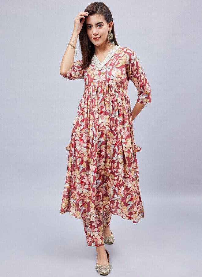 WineRed Wine Red Floral Printed Kurta With Salwar For Women - Image 1