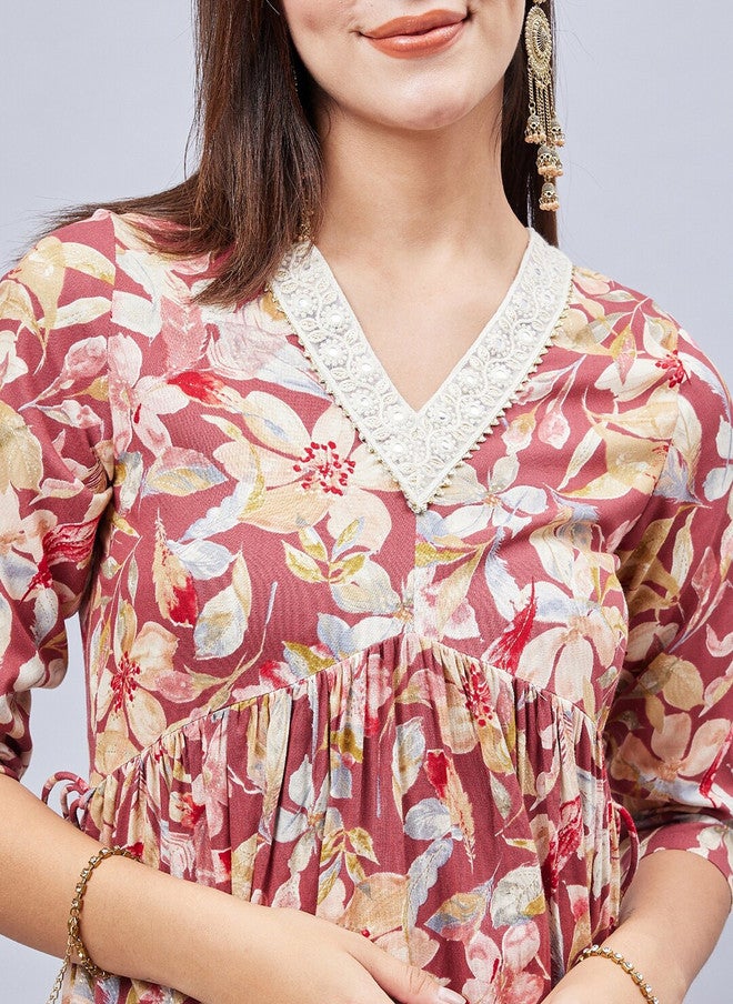 WineRed Wine Red Floral Printed Kurta With Salwar For Women - Image 2