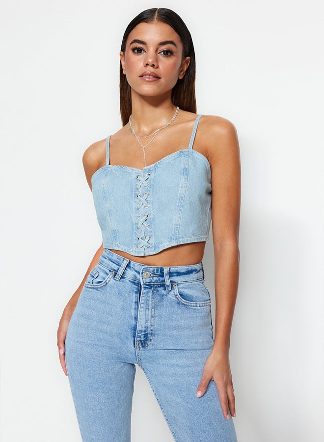 trendyol Blue Bird Eye Tie Detail Sweetheart Neck Fitted Crop Denim Bustier - Image 3