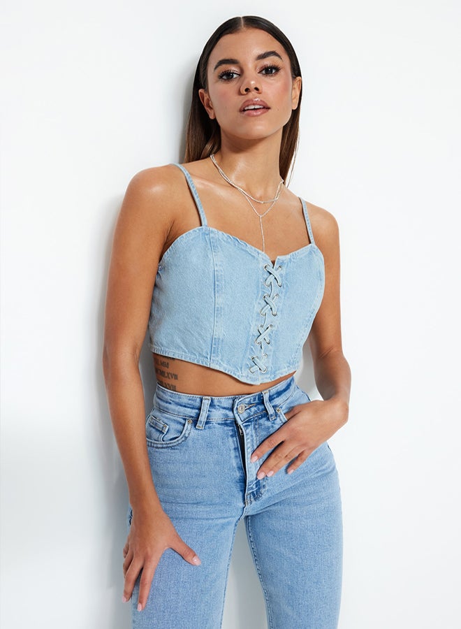 trendyol Blue Bird Eye Tie Detail Sweetheart Neck Fitted Crop Denim Bustier - Image 1