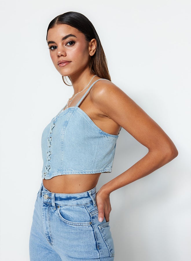 trendyol Blue Bird Eye Tie Detail Sweetheart Neck Fitted Crop Denim Bustier - Image 2