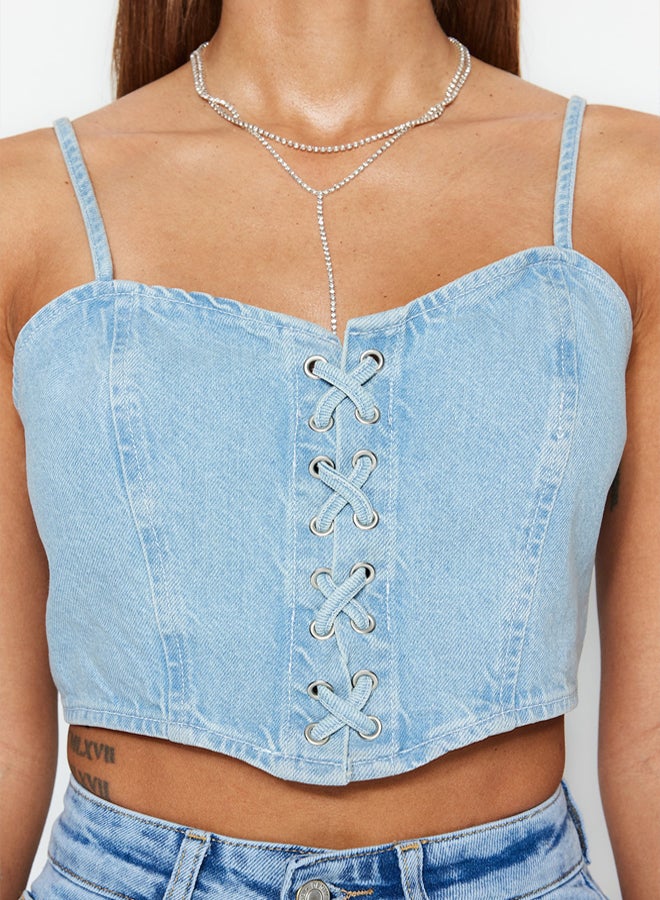 trendyol Blue Bird Eye Tie Detail Sweetheart Neck Fitted Crop Denim Bustier - Image 4
