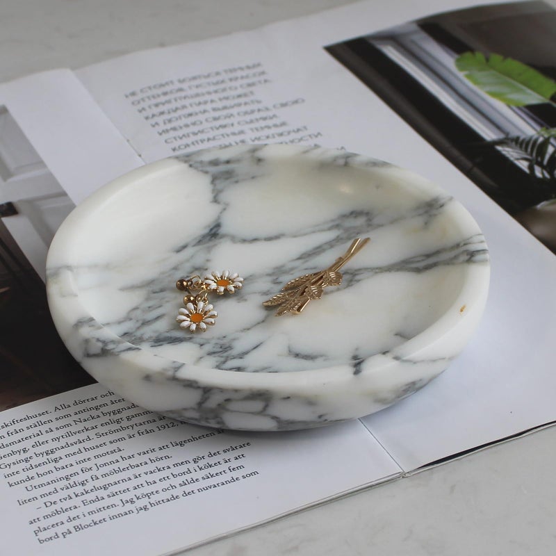 Nawgnail Natural Travertine Marble Jewelry Dish 5.5",Trinket Dish for Ring Earring, Gift for Woman Daugther(Arabescato Calacatta) - Image 1