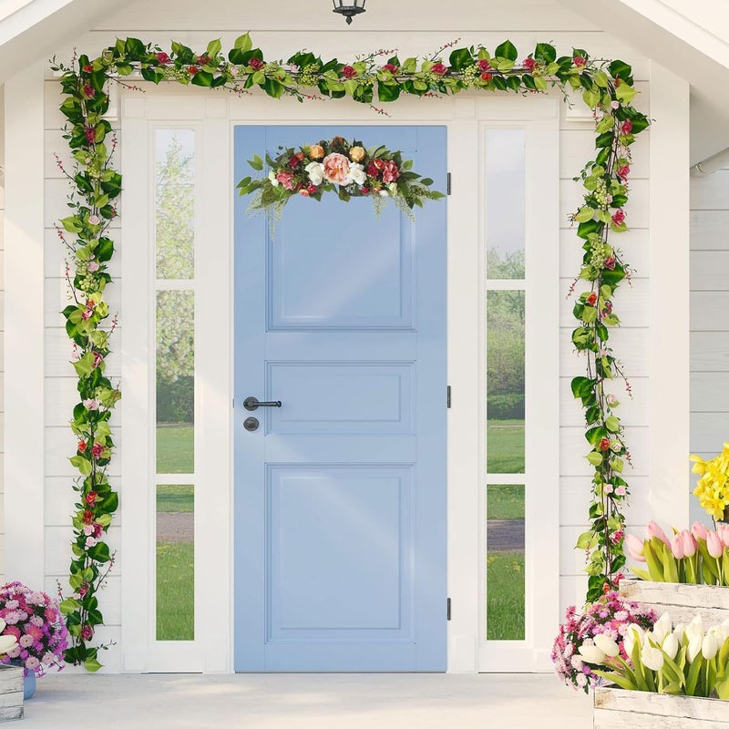 Panonw 30 Inch Artificial Rose Flower Swag, Colorful Decorative Swags with Green Leaves Rose Hydrangeas Eucalyptus Leaves for Home Garden Lintel Wedding Arch Party - Image 2