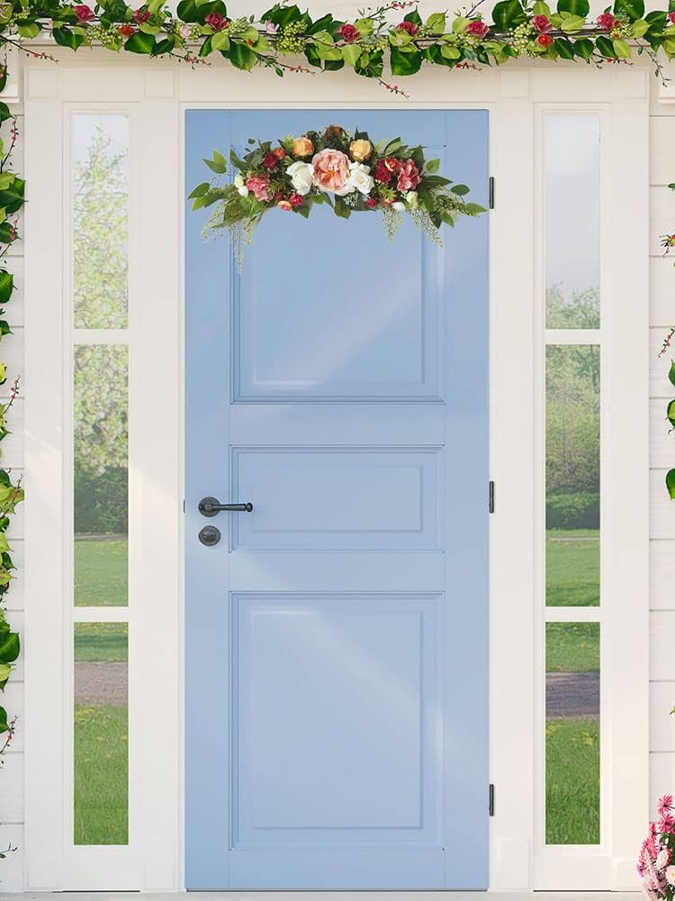 Panonw 30 Inch Artificial Rose Flower Swag, Colorful Decorative Swags with Green Leaves Rose Hydrangeas Eucalyptus Leaves for Home Garden Lintel Wedding Arch Party - Image 4