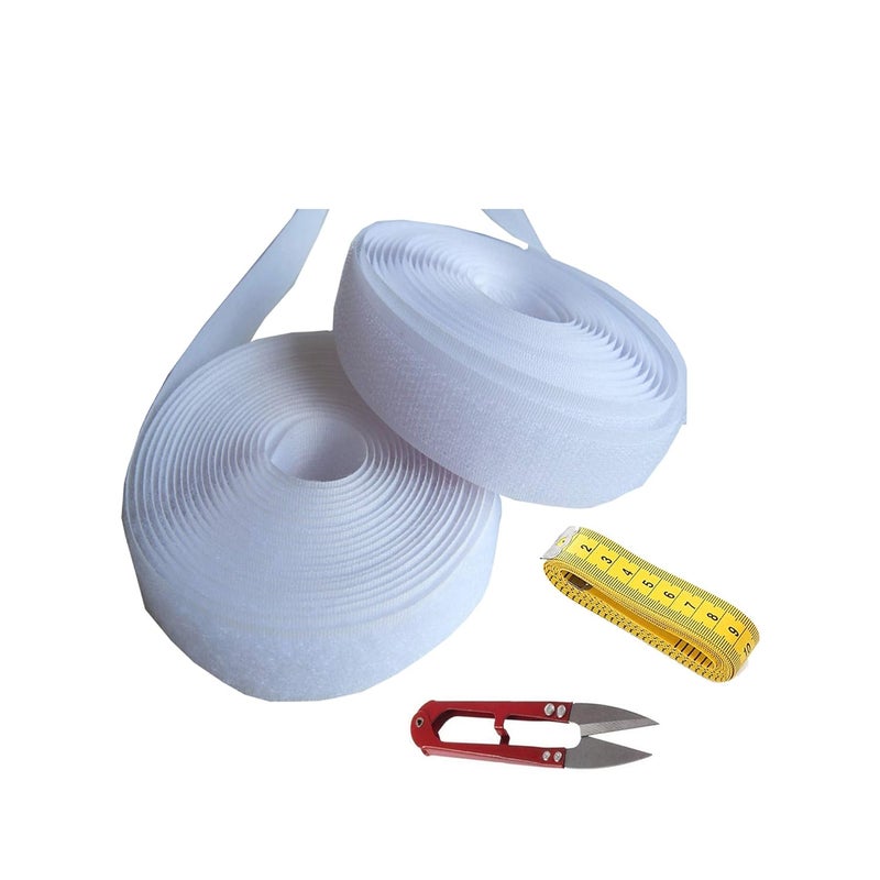 SAI PRASEEDA Regular Hook 25MTS_Regular Loop 25MTS with Easy Removal 20mm_25 MTS or 82 Feets White Color with Industrial Cutter_Measuring Tape SP5