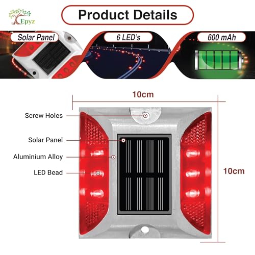 Epyz Solar Road Stud Light Outdoor Waterproof 6 LED Deck Lights for Driveway, Dock, Markers, Step, Staircase, Garden, Ground [ Aluminium Alloy ] [ Pack of 1, Red Flashing ] - Image 5