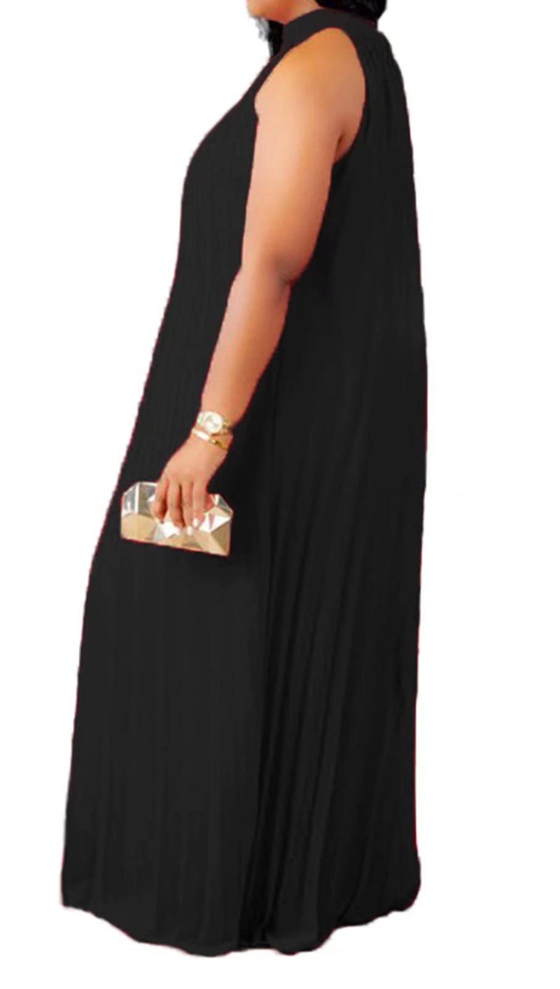 Aro Lora Womens Casual Sleeveless Plus Size Chiffon Halter Neck Pleated Loose Long Maxi Dress X-Large Black - Image 2