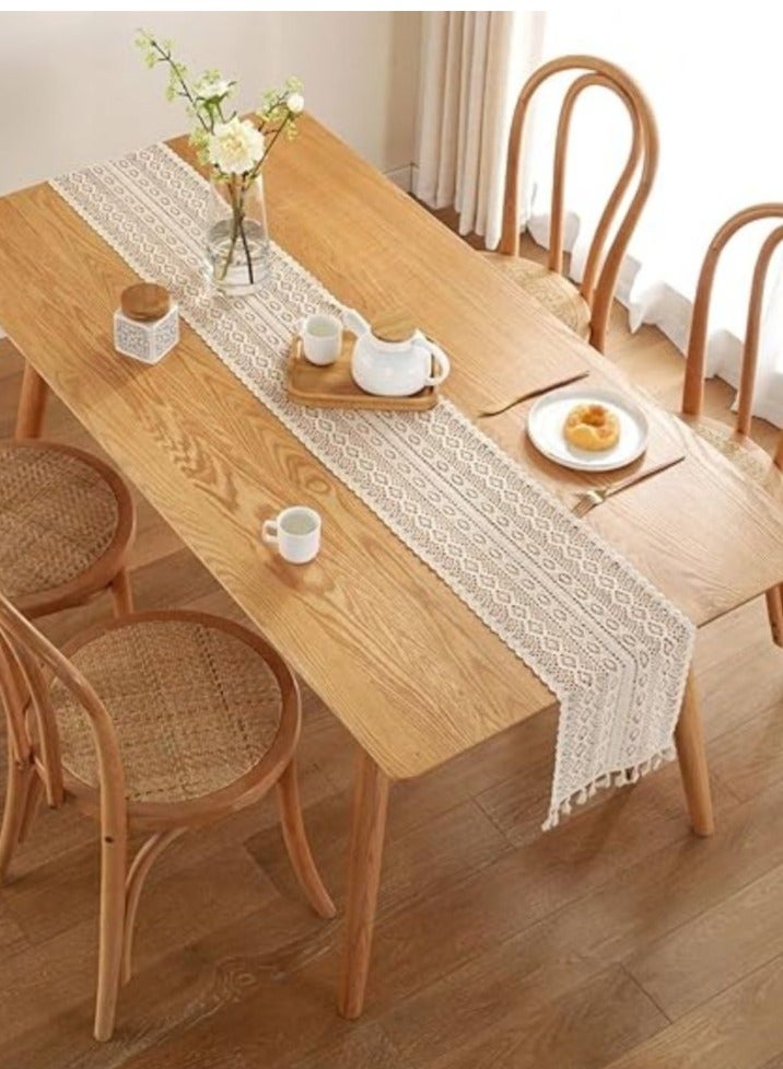 Premium 72 Inch (180cm) Handmade Boho Table Runner - Cotton Crochet Wedding Tablecloth for Arabic Coffee Tables, Luxury Dining Room Decor, Beige Bohemian Home Accessories for Majlis Living Room & Bedroom  - Image 2
