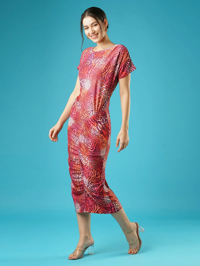 جلو باص فستان ميدي مطبوع نسائي من جلوبس